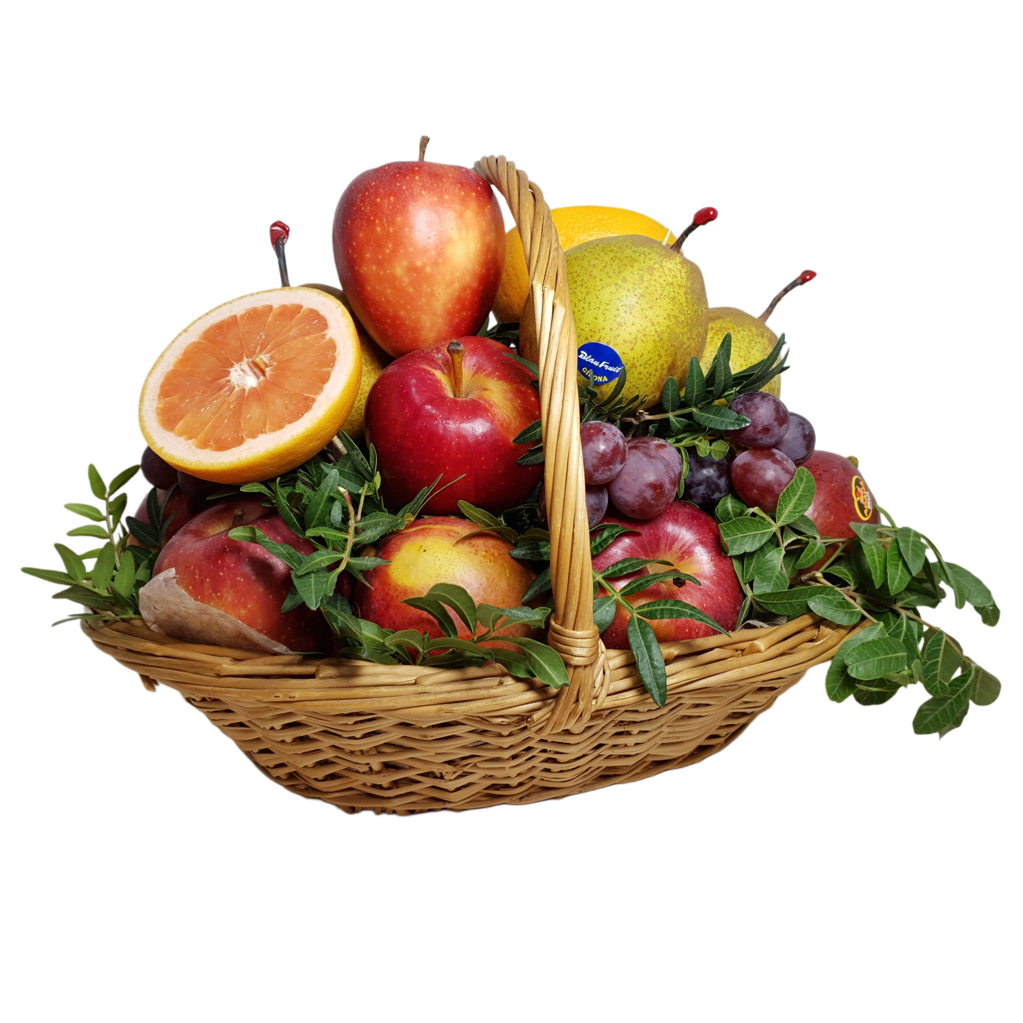Fruit basket decorated with greenery
